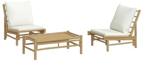 3 pcs conjunto lounge de jardim bambu c/ almofadões branco nata