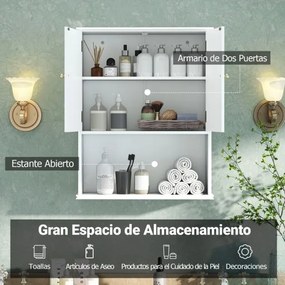 Armário de casa de banho de Parede 60 x 21 x 75 cm com 2 Portas com Prateleira Aberta e Ajustável Branco