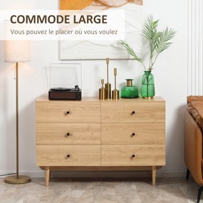 Cómoda com 6 gavetas, móvel de arrumação com pés em madeira maciça, 120 x 40 x 80 cm, cor de madeira