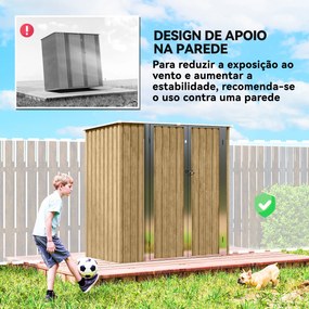 Abrigo de Jardim Exterior Metálico 1,37 m² 163x89x163 cm com Telhado Inclinado Portas com Fecho e Luvas Castanho