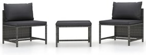 3 pcs conjunto sofás de jardim c/ almofadões vime PE cinzento