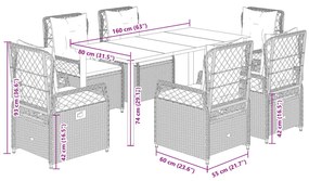 7 pcs conjunto de jantar p/ jardim c/ almofadões vime PE cinza