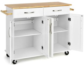 Carrinho para ilha de cozinha com tampo de madeira Estantes ajustáveis 2 gavetas grandes 122 x 48 x 92,5 cm Branco