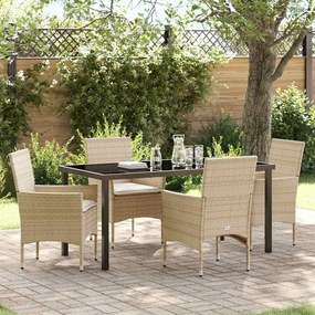vidaXL Conjunto de jantar de jardim 5 peças com almofadas bege em rattan sintético.