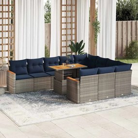 11 pcs conjunto sofás de jardim c/ almofadões vime PE cinzento