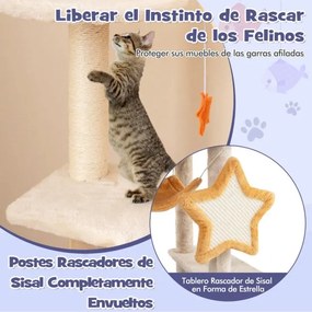 Arranhador para gatos grande 61 x 41 x 160 cm alto com brinquedos, rede e base estável para vários gatos bege