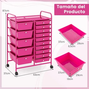 Carrinho de armazenamento multifuncional 63x37x87 cm com 15 gavetas coloridas, estrutura metálica e rodas bloqueáveis para casa e escritório, rosa