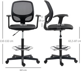 Cadeira de escritório ergonómica, apoio para os pés, encosto em malha, altura ajustável, 60 x 56 x 110–132 cm, preta