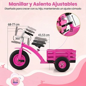 Triciclo Infantil Evolutivo, 117 x 55 x 68 cm, Assento e Guiador Ajustáveis, Rosa