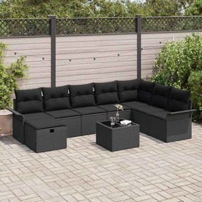 vidaXL Conjunto de Sofá de Jardim com almofada 9 pcs Preto vime PE