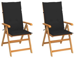 Cadeiras de jardim c/ almofadões pretos 2 pcs teca maciça