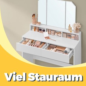 Toucador com espelho rebatível 40 x 100 x 140 cm e 2 gavetas e com 3 compartimentos abertos branco