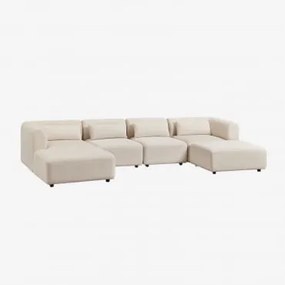 Sofá Modular Chaise Longue Esquerdo De 4 Peças Com Puff Fogler Linho Veludo Bege Linho - Sklum