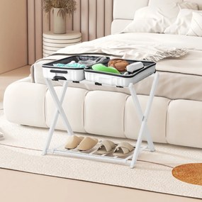 Estante dobrável de metal para bagagens até 60 kg com 4 correias estáveis e design de 2 andares para casa e hotel Branco