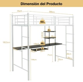 Cama alta com secretária infantil, 2 escadas bilaterais e 2 prateleiras de arrumação estrutura Branca