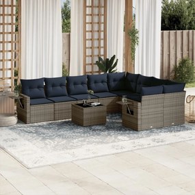 vidaXL 10 pcs conjunto sofás p/ jardim c/ almofadões vime PE cinzento