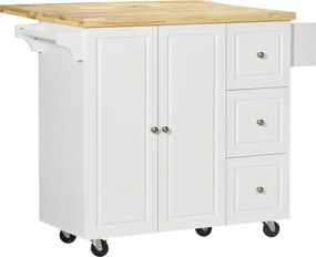 Carrinho de cozinha de apoio para ilha de cozinha com tampo rebatível, 3 gavetas, 1 armário com suporte para panos de cozinha e suporte para especiari