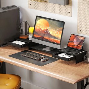 Suporte elevador para ecrã de computador de secretária, suporte para ecrã de computador de 60 a 116 cm com 2 gavetas, comprimento e ângulo ajustáveis,