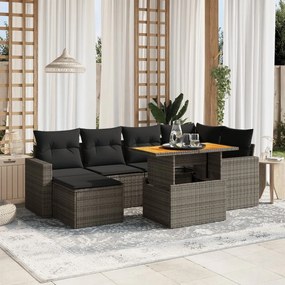 7 pcs conjunto sofás p/ jardim c/ almofadões vime PE cinzento