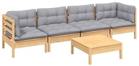 5 pcs conjunto lounge de jardim + almofadões cinza pinho maciço