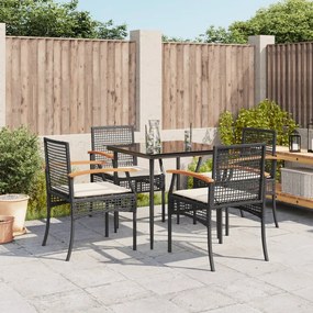 5 pcs conjunto de jantar p/ jardim c/ almofadões vime PE preto