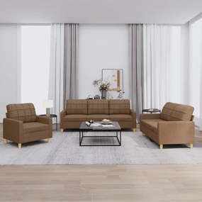 3 pcs conjunto de sofás com almofadões tecido castanho