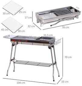Outsunny Barbecue a Carvão Portátil Barbecue a Carvão Dobrável com Prateleiras de Armazenamento para Jardim Exterior Campismo 104x33x70 cm Prata