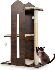 Arranhador para gatos 80 x 40 x 120 cm de interior Torre de madeira com poste de sisal para arranhar Bolas suspensas Almofadas de pelúcia laváveis Cas