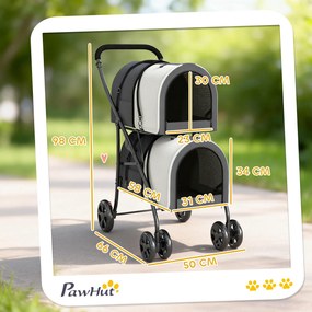 Carrinho Duplo para Cães e Gatos Dobrável com 2 Transportadoras Removíveis com Cinto e Almofadas 66x50x98 cm Cinzento Escuro