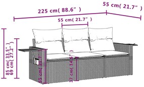 3 pcs conjunto sofás de jardim com almofadões vime PE castanho