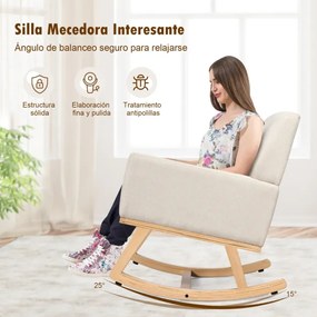 Cadeira de baloiço com base de madeira maciça estofada assento acolchoado para sala de estar e quarto 65 x 87 x 85 cm bege