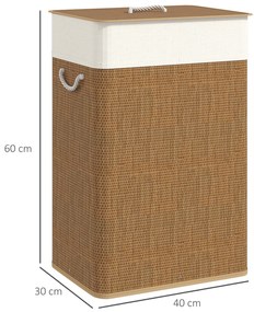 Cesto de Roupa com Tampa 72L Cesto de Roupa de Bambu com Bolsa Interior Removível e Alças 40x30x60 cm Madeira e Creme