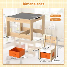 Conjunto de mesa e duas cadeiras infantis com tampo duplo, gavetas de tecido e estrutura de madeira para desenhar, ler ou brincar Natural