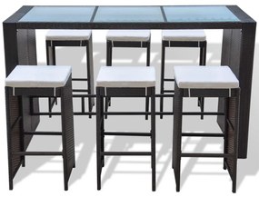 7 pcs conjunto bar para jardim c/ almofadões vime PE castanho