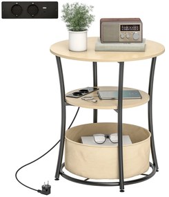 Mesa Auxiliar Redonda de 3 Níveis com Estação de Carregamento Mesa Auxiliar Industrial com 2 Prateleiras Abertas Ø50x55,1 cm Madeira e Preto