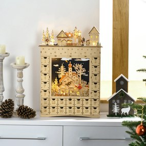 HOMCOM Calendário de Advento com Iluminação LED e 24 Gavetas de Contagem Regressiva Calendário de Advento de Madeira Decoração de Natal 36x9x52 cm Madeira