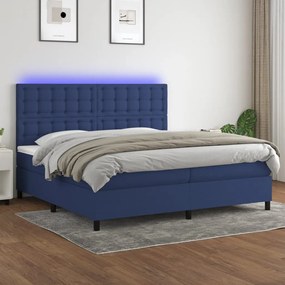 Cama box spring c/ colchão e LED 200x200 cm tecido azul