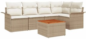 Conjunto de Sofá de Jardim 6 Peças com Almofadas Beiges em Rattan Poli