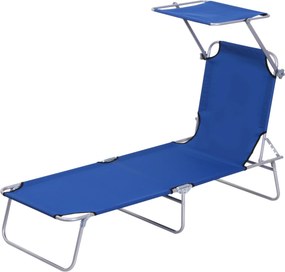 Outsunny Espreguiçadeira Jardim Dobrável com Toldo e Encosto Reclinável para Jardim Terraço Campismo 187x58x36 cm Azul | Aosom Portugal