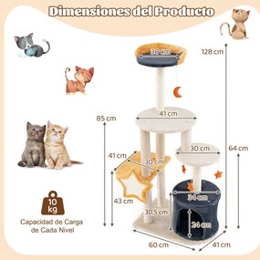 Arranhador para gatos de 128 cm de vários níveis Brinquedos de peluche Bege + Cinzento escuro + Laranja