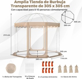 Tenda jardim tipo bolha para 8-10 pessoas 305 x 305 x 210 cm, em PVC transparente panorâmico de 540°, com proteção contra o frio Transparente