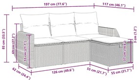 4 pcs conjunto sofás de jardim c/ almofadões vime PE castanho