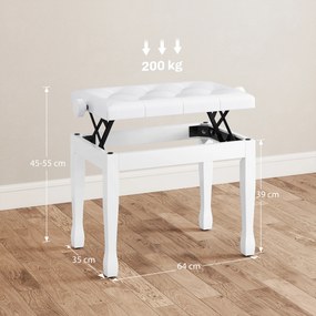 Banco de piano, banco de teclado com altura ajustável em madeira maciça, assento estofado, 64 x 35 x 45-55 cm, branco
