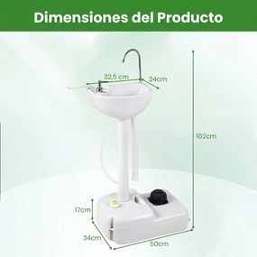 Lavatório Portátil, 50 x 34 x 102 cm, Bomba de Pedal, Branco
