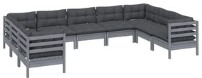 9 pcs conjunto lounge de jardim c/ almofadões pinho cinza