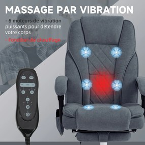 Cadeira de escritório com massagem e aquecimento, altura ajustável, encosto reclinável, comando à distância e apoio para os pés retrátil, cinzenta