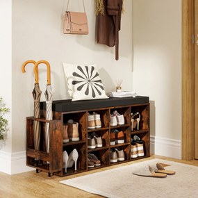 Banco sapateira 30 x 110 x 52,5 cm com suporte para guarda-chuvas, 10 compartimentos, assento acolchoado e prateleiras ajustáveis, Café