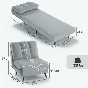 Sofá-Cama Individual 3 em 1 Dobrável com Encosto Ajustável e Almofada Espessa para Sala 72x88x87 cm Cinzento