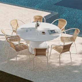 Conjunto De Mesa Redonda Ø150 Cm Em Cimento Numira E 8 Cadeiras De Jardim Empilháveis Em Aço E Rattan Sintético Kalymana Branco Brilhante - Sklum