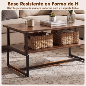 Mesa de Centro Industrial, 85 x 60 x 47 cm, Estante Inferior de Armazenamento, Castanho rústico + Preto